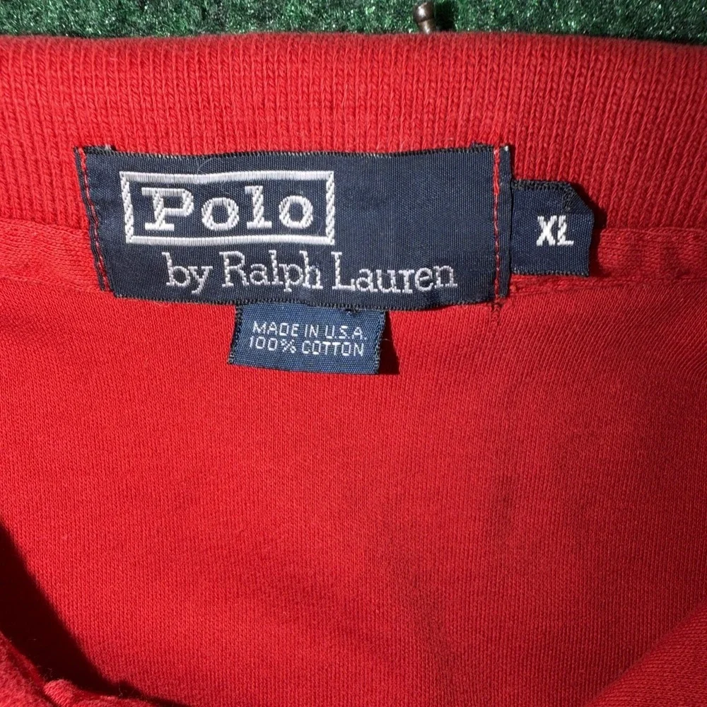 VTG Polo Ralph Lauren Men's Short Sleeve Red/ Blue Horse Polo Size XL USA Made